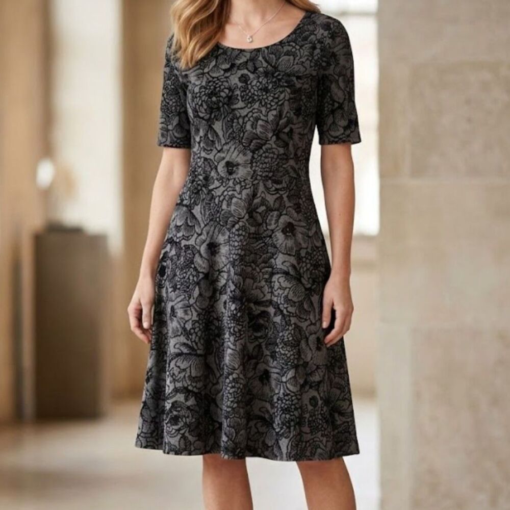 Lands end black floral print velour dress s 6 8 new nwt evening cocktail career